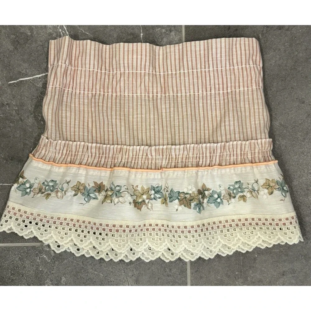 VTG 2 VALANCES Ruffled Stripes W Vines Flowers & Lace Trim Cottage Core 48 X 12